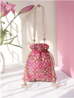Pink Mirror Work Silk Embroidered Bridal Potli Bag