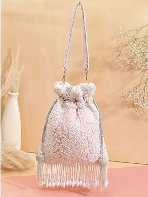 Baby Pink Embroidered Silk Bridal Potl Bag