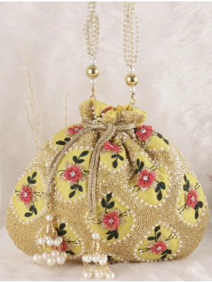 Yellow Handwork Potli Bag for Haldi Mehendi