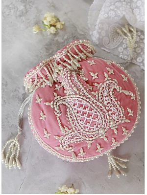 Pink Hand Embroidery Round Potli Bag