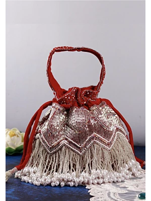 Maroon Silver Tubelight Pearl Bridal Potli Bag