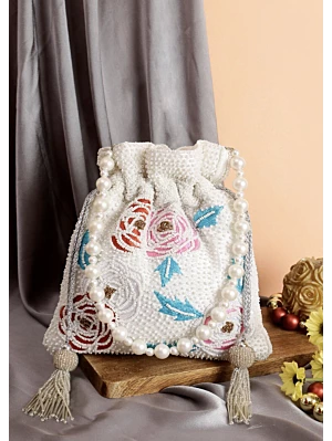 White Pearl Multi Color Flower Potli Bag