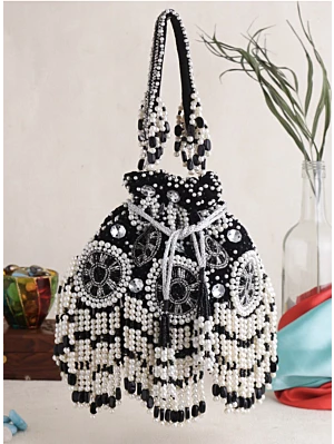Black and White Beaded Pearl Bridal Potli Bag