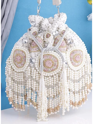 White and Pink Beaded Pearl Bridal Potli Bag