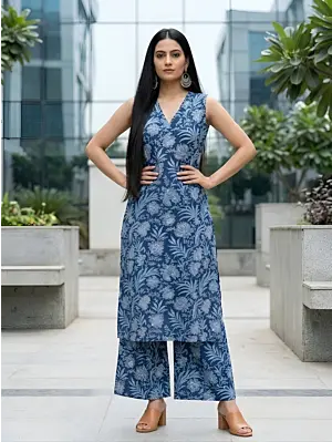 Blue Printed Straight Kurta With Palazzo for Women