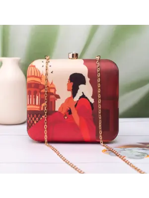 Women Red Saree Muse Portrait Clutch