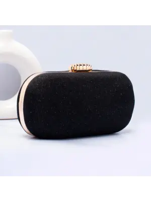 Woman Black Based Shiny Fabric Capsule Shaped Clutch