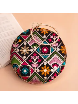 Woman Black Based Multicolored Thread And Sequins Embroidery Clutch