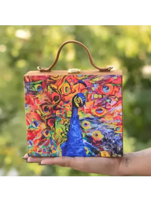 Women Peacock Printed Suitcase Style Clutch