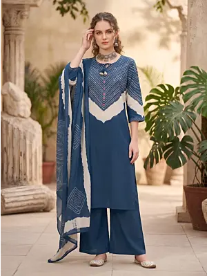 Blue Printed Straight Kurta Set With Dupatta for Women