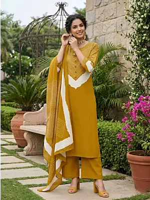 Yellow Printed Straight Kurta Set With Dupatta for Women