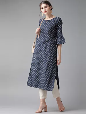 Women Navy Blue Checked Kurta