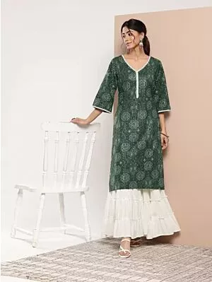 Women Printed Cotton Blend Straight Kurta  (Green
