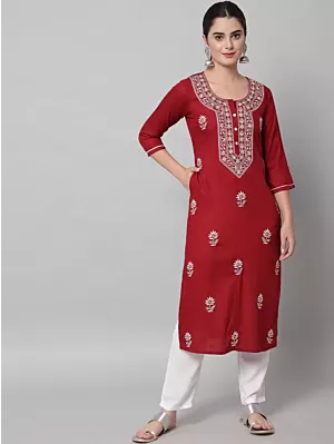 Women Chikan Embroidery Cotton Rayon A-line Kurta  (Maroon)