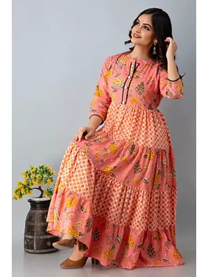 Women Printed Viscose Rayon Orange Anarkali Kurta 