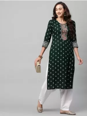 Women Printed Viscose Rayon Embroidered Straight Kurta  (Green)