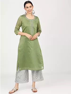 Women Embroidered Cotton Silk Straight Kurta  (Green)
