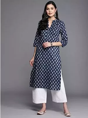 Women Printed Cotton Blend Straight Kurta (Blue)