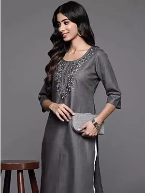 Women Embroidered Cotton Blend Straight Kurta  (Grey, Silver)