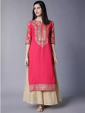 Women Printed Cotton Blend Straight Kurta  (Gold, Pink)