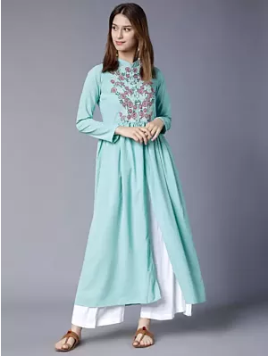 Women Embroidered Cotton Blend Frontslit Kurta  (Light Green)