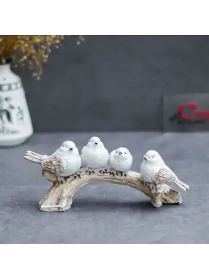 Polyresin Handcrafted 4 White Bird Statues Sitting on Tree Branch Decorative Showpiece