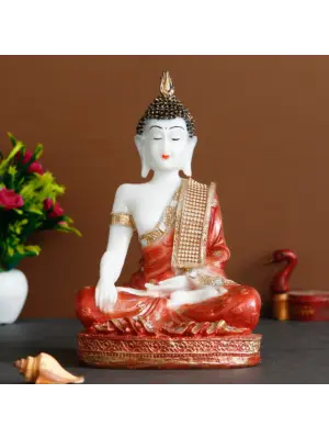 Polyresin Orange & White Meditating Lord Buddha Statue
