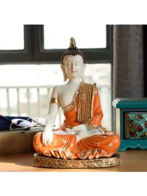 Polyresin Orange & White Meditating Lord Buddha Idol