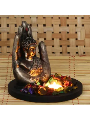 Polyresin Black and Brown Handcrafted Palm Buddha Statue with Wooden Base, Fragranced Petals and Tealight
