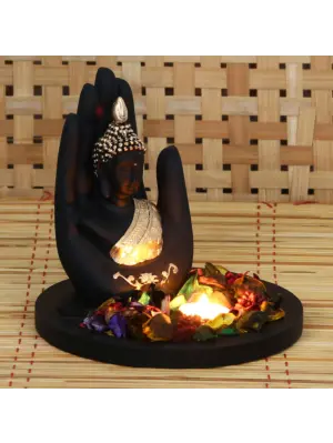 Polyresin Black and Golden Handcrafted Palm Buddha Statue with Wooden Base Tealight Candle Holder