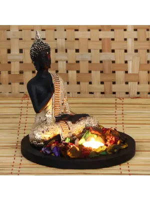 Polyresin Black and Golden Meditating Blessing Buddha Statue with Wooden Base, Fragranced Petals and Tealight