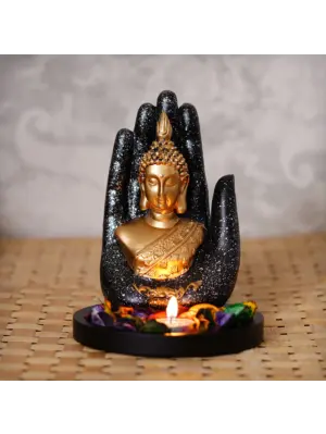 Polyresin Black and Golden Handcrafted Palm Buddha Statue with Wooden Base, Fragranced Petals and Tealight