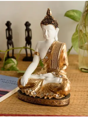 Polyresin White and Golden Handcrafted Decorative Meditating Buddha Statue