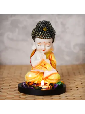 Polyresin Yellow and White Praying Monk Buddha Idol with Wooden Base, Fragranced Petals and Tealight