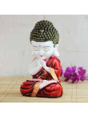 Polyresin Red and White Praying Monk Buddha Statue with Wooden Base, Fragranced Petals and Tealight