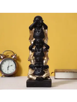 Polyresin Black and Golden Set of 3 Laughing Buddha Statue Standing on each other Decorative Showpiece