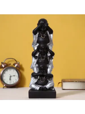 Polyresin Silver and Black Set of 3 Laughing Buddha Idol Standing on each other Decorative Showpiece