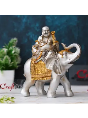 Silver & Golden Laughing Buddha Statue Seating on Elephant Figurine