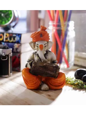 Orange Polyresin Lord Ganesha playing Dholak Idol