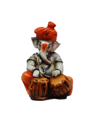 Orange Polyresin Lord Ganesha Playing Tabla Idol