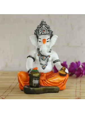 Orange Polyresin Lord Ganesha Murti performing Lord Shiv Pooja