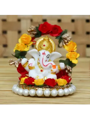 Polyresin Lord Ganesha Idol on Decorative Handcrafted Rose Flower Plate for Home and Car Dashboard