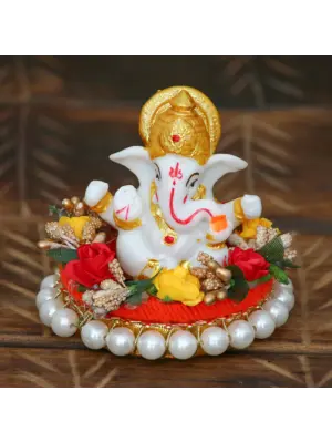 Polyresin Lord Ganesha Statue on Decorative Handcrafted Plate for Home, Office and Car Dashboard