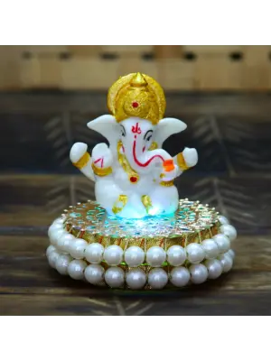 Gold and White Polyresin Lord Ganesha Idol on Decorative Handcrafted Plate for Home and Car Dashboard