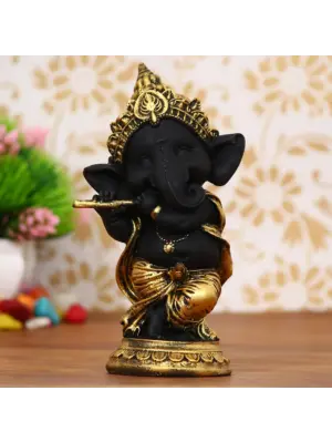 Golden And Black Lord Ganesha Idol Playing Flute Decorative Showpiece