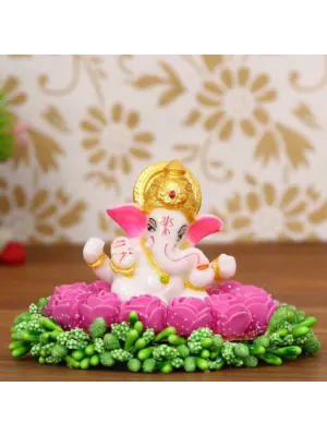 Lord Ganesha Idol On Decorative Handcrafted Pink Flowers Plate