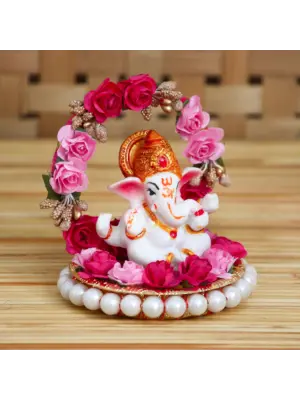 Polyresin Lord Ganesha Idol on Decorative Handcrafted Plate with Throne of Pink and Red Flowers