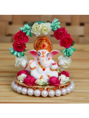 Polyresin Lord Ganesha Idol on Decorative Handcrafted Plate with Throne of Colorful Flowers