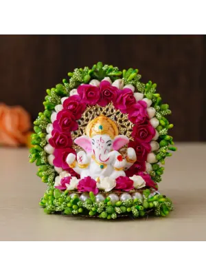 Polyresin Lord Ganesha Idol on Handcrafted Green Floral Plate for Home, Office and Car Dashboard