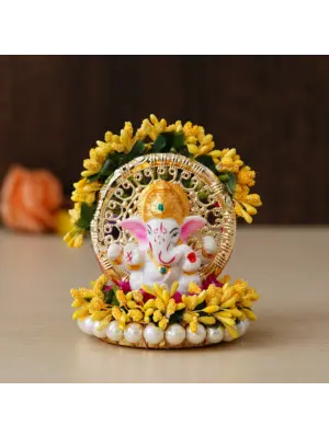 Polyresin Lord Ganesha Idol on Handcrafted Yellow Floral Plate for Home and Car Dashboard